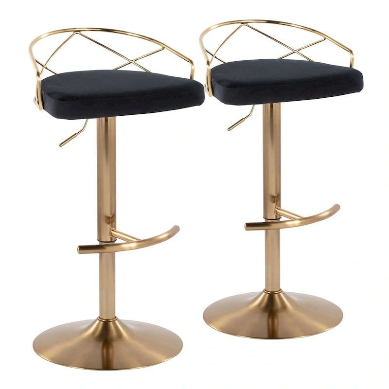 Tabouret de bar pivotant et réglable, velours/similicuir, doré/chromé, lot de 2