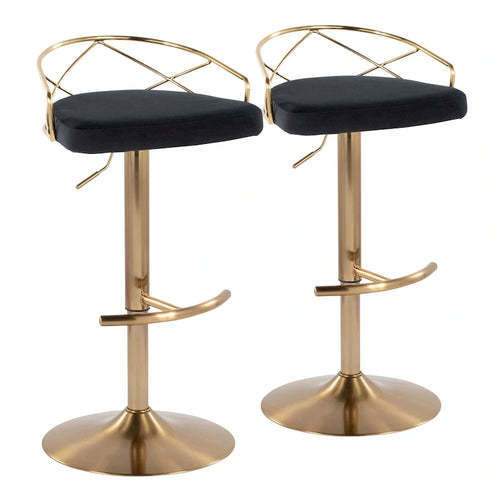 Tabouret de bar pivotant et réglable, velours/similicuir, doré/chromé, lot de 2