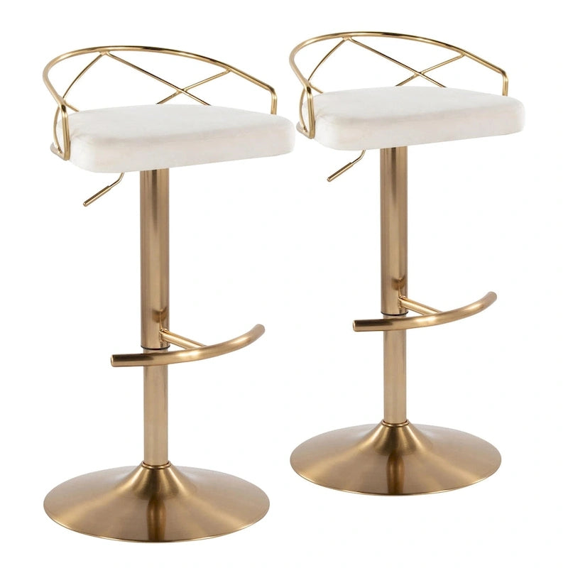 Tabouret de bar pivotant et réglable, velours/similicuir, doré/chromé, lot de 2