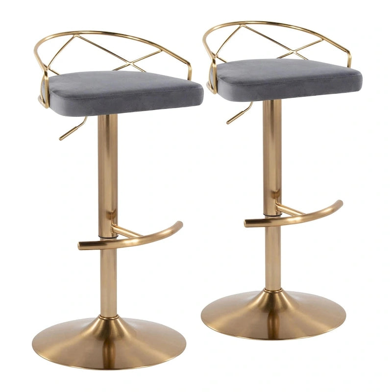 Tabouret de bar pivotant et réglable, velours/similicuir, doré/chromé, lot de 2