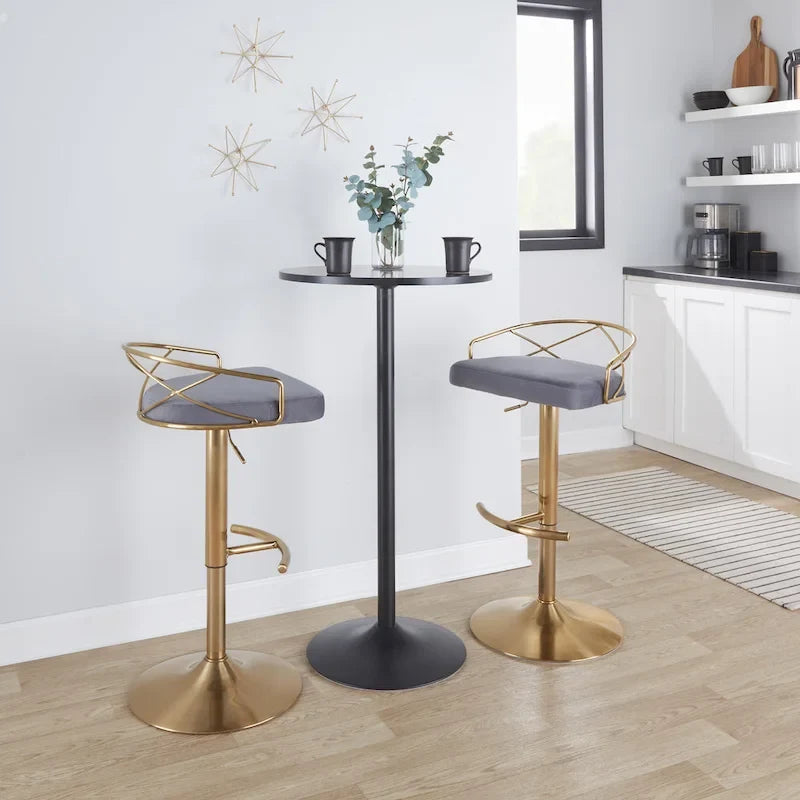 Tabouret de bar pivotant et réglable, velours/similicuir, doré/chromé, lot de 2