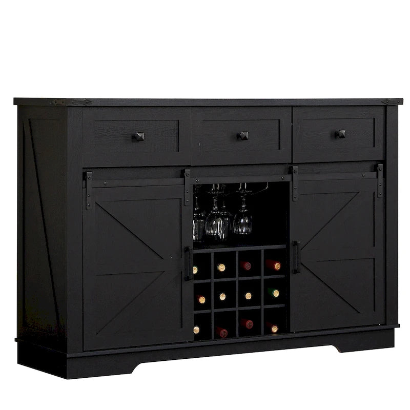Buffet de style campagnard noir et blanc avec porte coulissante de style grange, 54 po, assemblage par 1 personne