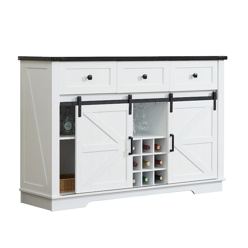 Buffet de style campagnard noir et blanc avec porte coulissante de style grange, 54 po, assemblage par 1 personne