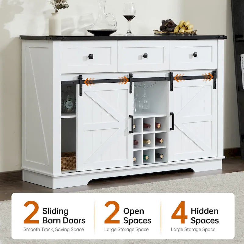 Buffet de style campagnard noir et blanc avec porte coulissante de style grange, 54 po, assemblage par 1 personne