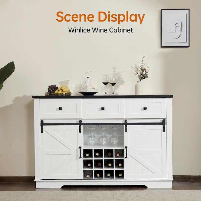 Buffet de style campagnard noir et blanc avec porte coulissante de style grange, 54 po, assemblage par 1 personne