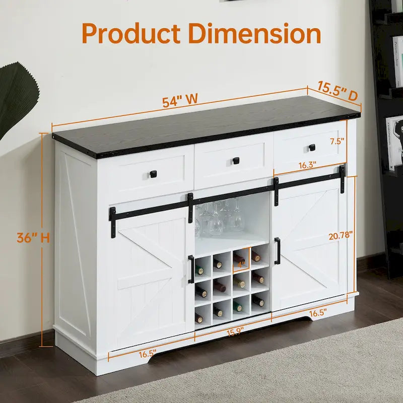 Buffet de style campagnard noir et blanc avec porte coulissante de style grange, 54 po, assemblage par 1 personne