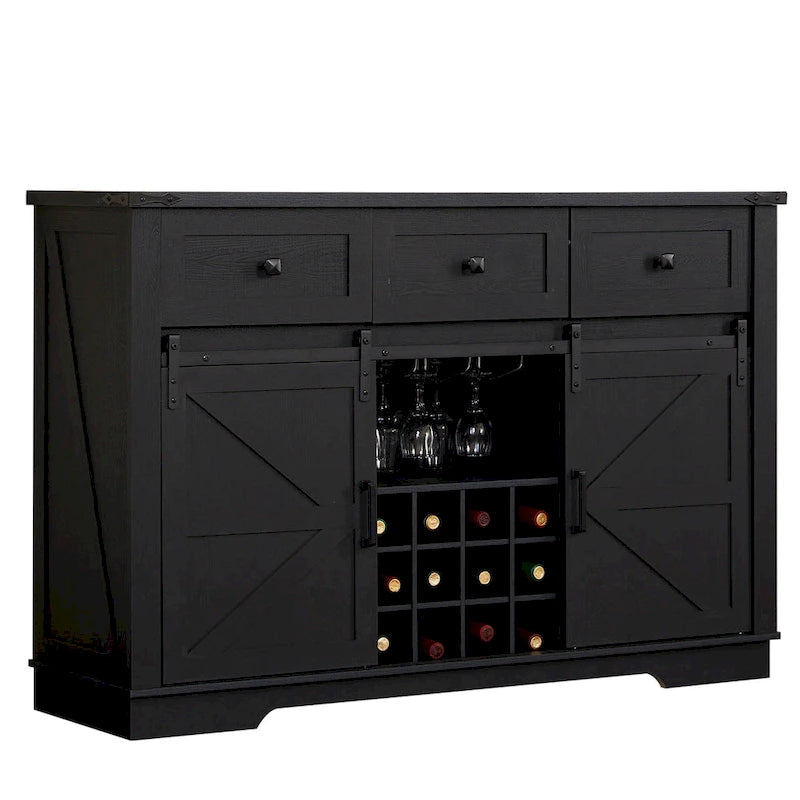 Buffet de style campagnard noir et blanc avec porte coulissante de style grange, 54 po, assemblage par 1 personne