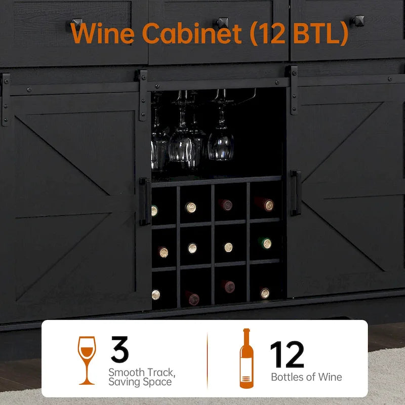 Buffet de style campagnard noir et blanc avec porte coulissante de style grange, 54 po, assemblage par 1 personne