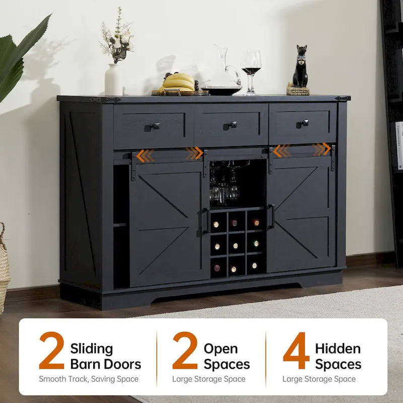 Buffet de style campagnard noir et blanc avec porte coulissante de style grange, 54 po, assemblage par 1 personne
