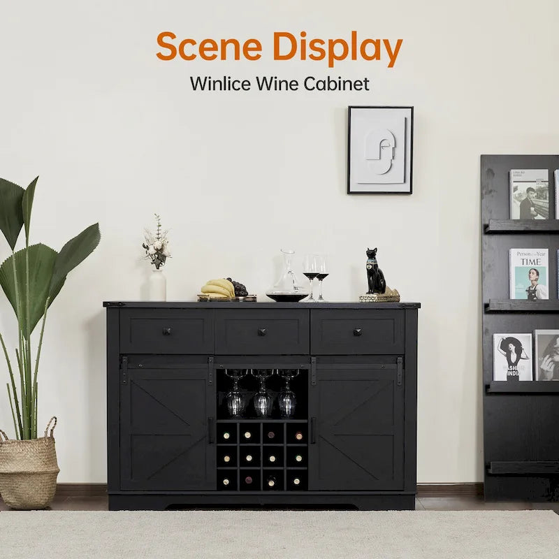 Buffet de style campagnard noir et blanc avec porte coulissante de style grange, 54 po, assemblage par 1 personne