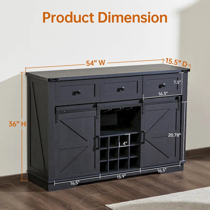 Buffet de style campagnard noir et blanc avec porte coulissante de style grange, 54 po, assemblage par 1 personne