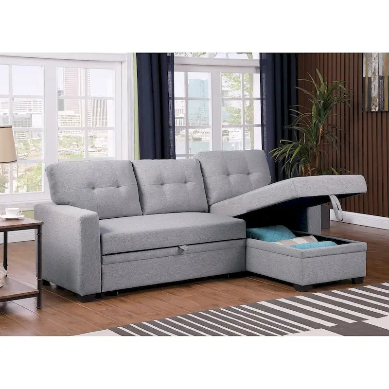 Canapé d'angle convertible gris clair / vert / beige / bleu avec méridienne et rangement, pour 2 personnes