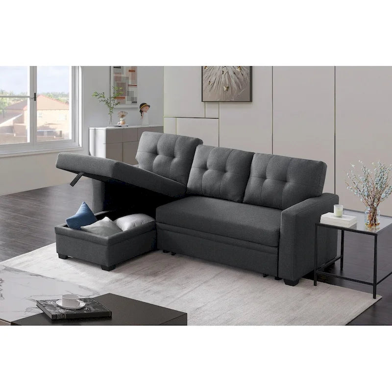 Canapé d'angle convertible gris clair / vert / beige / bleu avec méridienne et rangement, pour 2 personnes