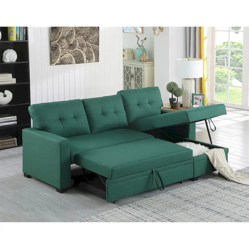 Canapé d'angle convertible gris clair / vert / beige / bleu avec méridienne et rangement, pour 2 personnes