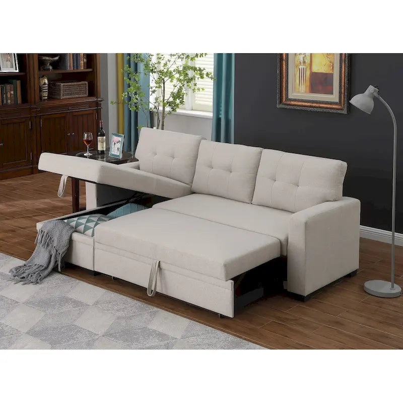 Canapé d'angle convertible gris clair / vert / beige / bleu avec méridienne et rangement, pour 2 personnes