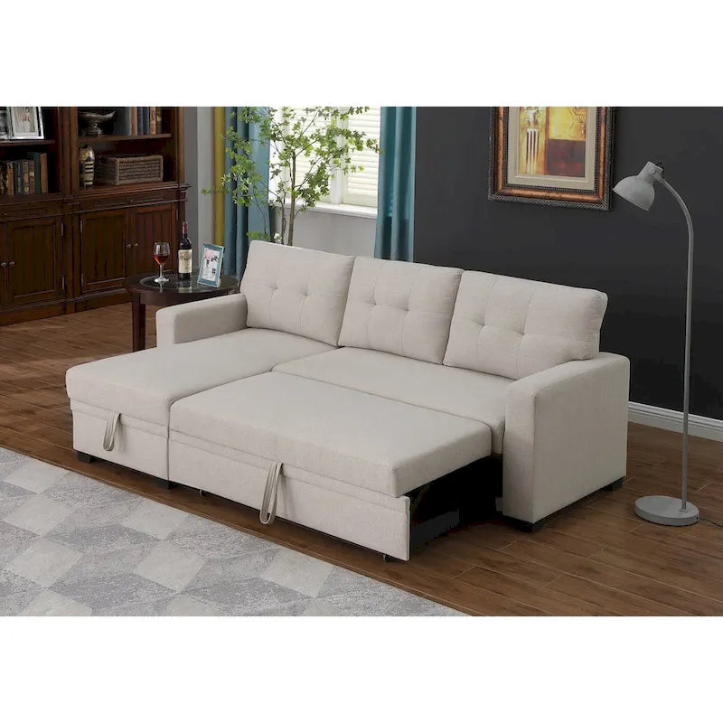 Canapé d'angle convertible gris clair / vert / beige / bleu avec méridienne et rangement, pour 2 personnes