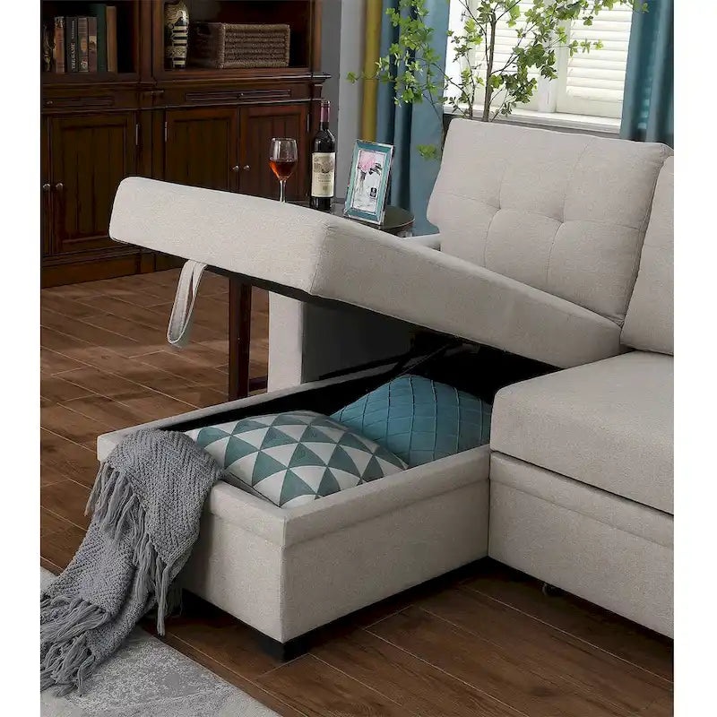 Canapé d'angle convertible gris clair / vert / beige / bleu avec méridienne et rangement, pour 2 personnes