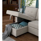 Canapé d'angle convertible gris clair / vert / beige / bleu avec méridienne et rangement, pour 2 personnes