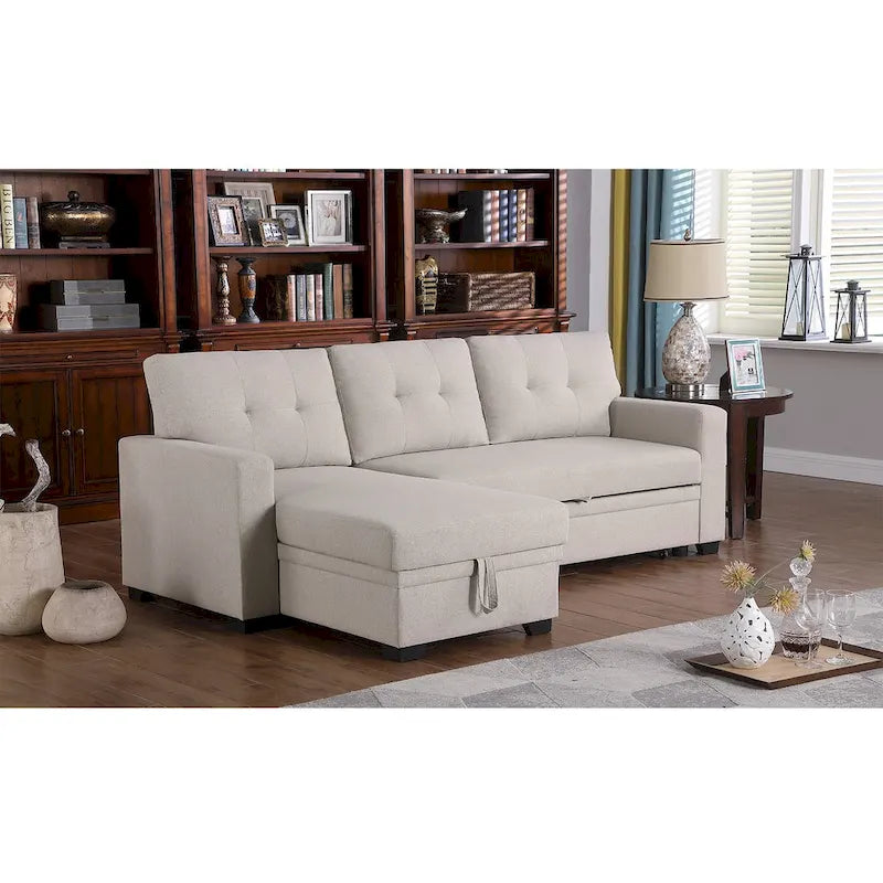 Canapé d'angle convertible gris clair / vert / beige / bleu avec méridienne et rangement, pour 2 personnes