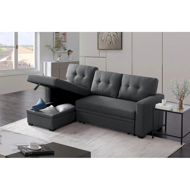 Canapé d'angle convertible gris clair / vert / beige / bleu avec méridienne et rangement, pour 2 personnes