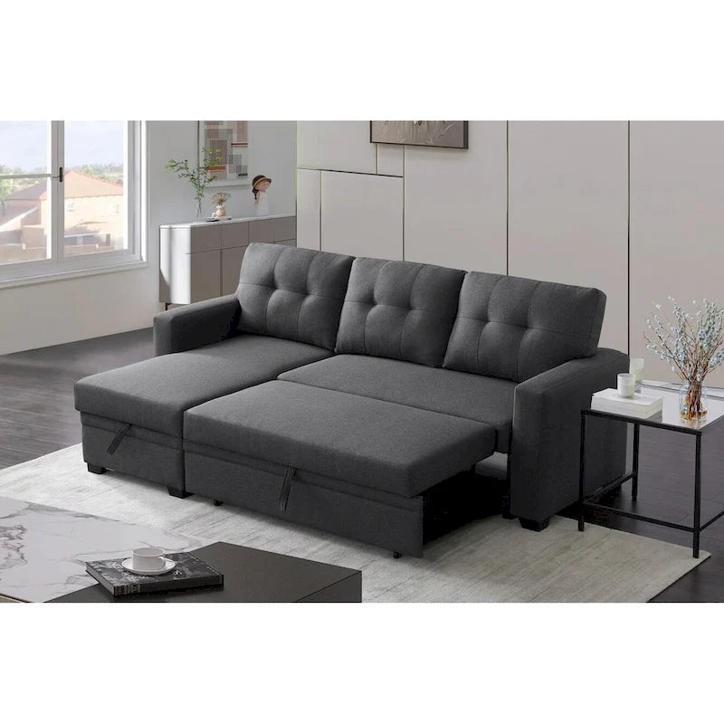 Canapé d'angle convertible gris clair / vert / beige / bleu avec méridienne et rangement, pour 2 personnes