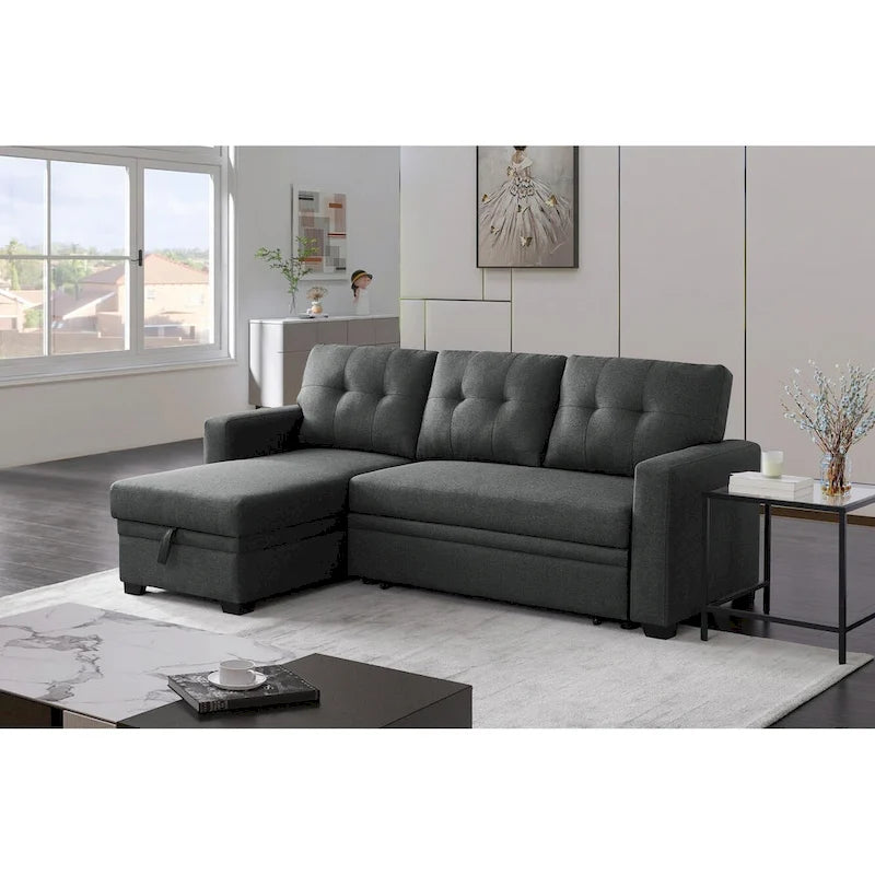 Canapé d'angle convertible gris clair / vert / beige / bleu avec méridienne et rangement, pour 2 personnes