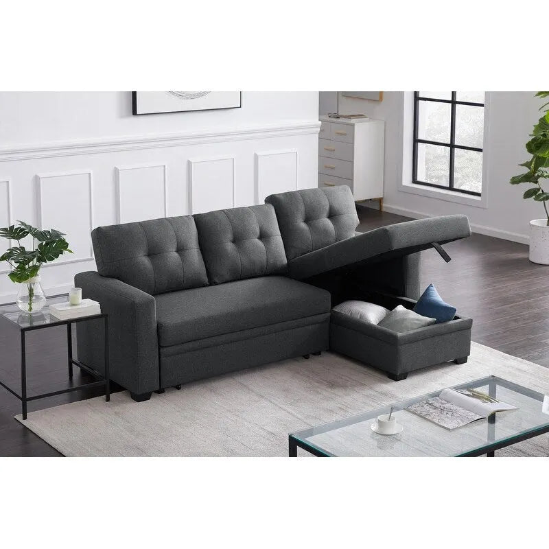 Canapé d'angle convertible gris clair / vert / beige / bleu avec méridienne et rangement, pour 2 personnes