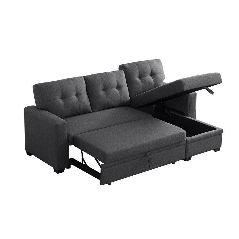 Canapé d'angle convertible gris clair / vert / beige / bleu avec méridienne et rangement, pour 2 personnes