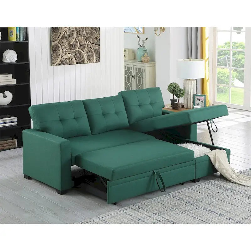 Canapé d'angle convertible gris clair / vert / beige / bleu avec méridienne et rangement, pour 2 personnes
