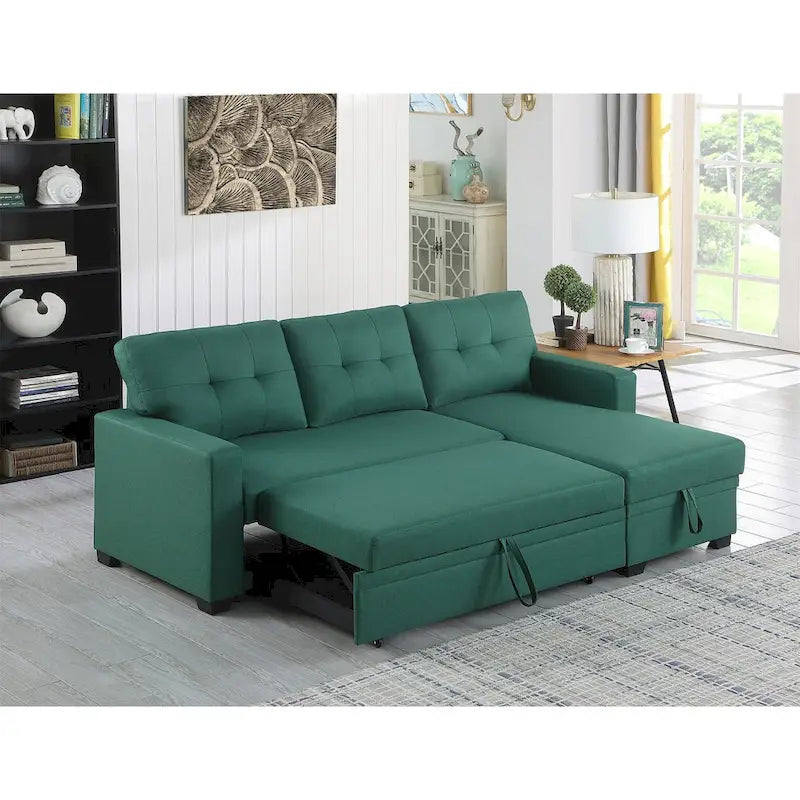 Canapé d'angle convertible gris clair / vert / beige / bleu avec méridienne et rangement, pour 2 personnes