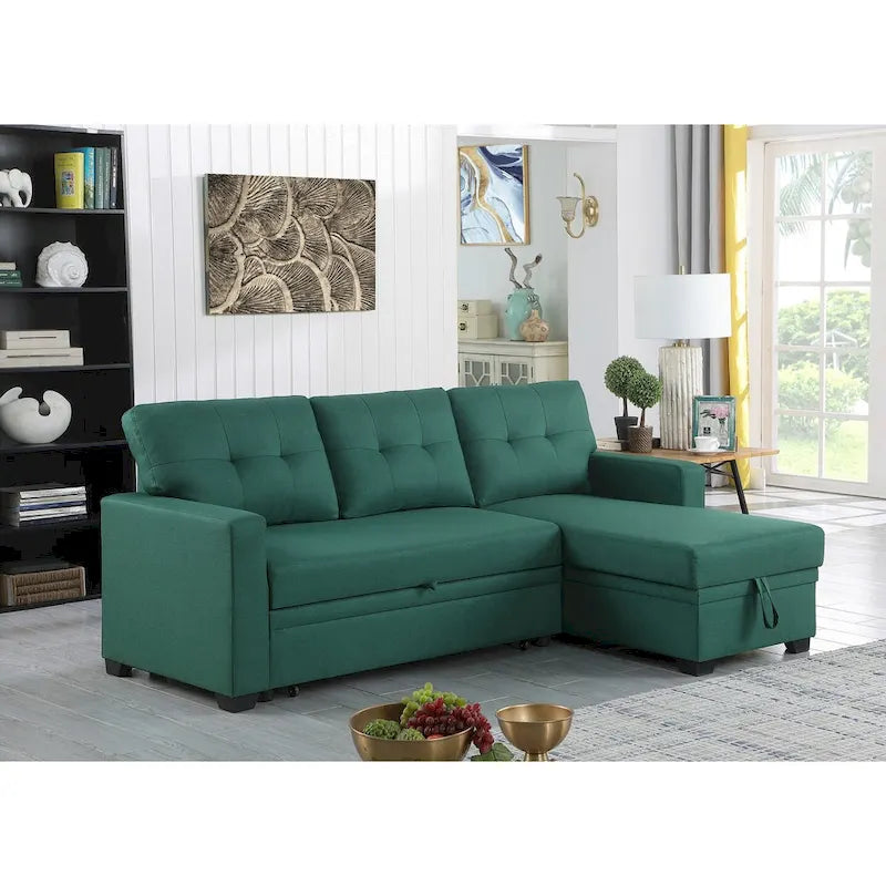 Canapé d'angle convertible gris clair / vert / beige / bleu avec méridienne et rangement, pour 2 personnes