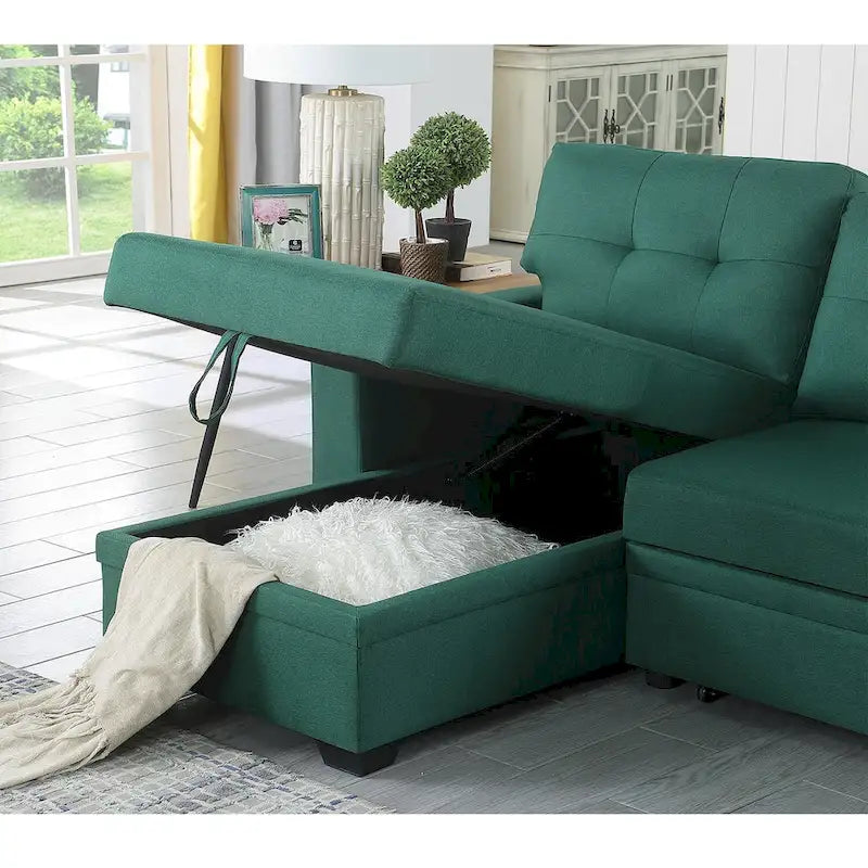 Canapé d'angle convertible gris clair / vert / beige / bleu avec méridienne et rangement, pour 2 personnes