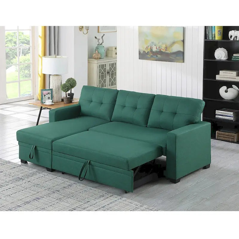Canapé d'angle convertible gris clair / vert / beige / bleu avec méridienne et rangement, pour 2 personnes