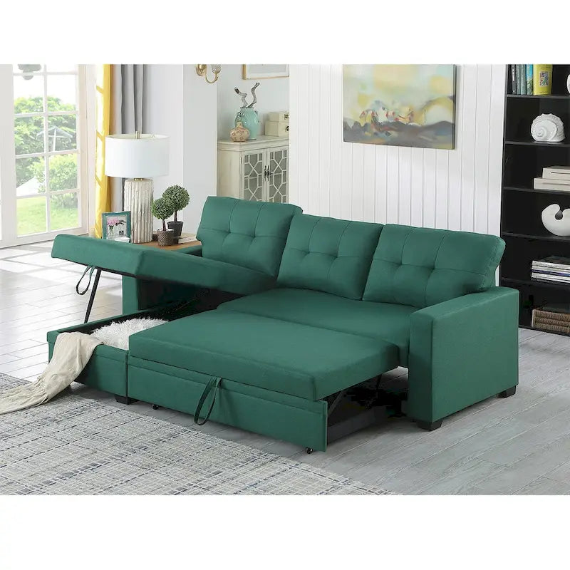Canapé d'angle convertible gris clair / vert / beige / bleu avec méridienne et rangement, pour 2 personnes