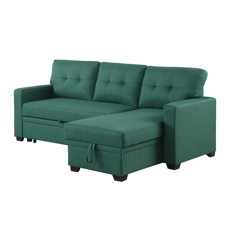 Canapé d'angle convertible gris clair / vert / beige / bleu avec méridienne et rangement, pour 2 personnes