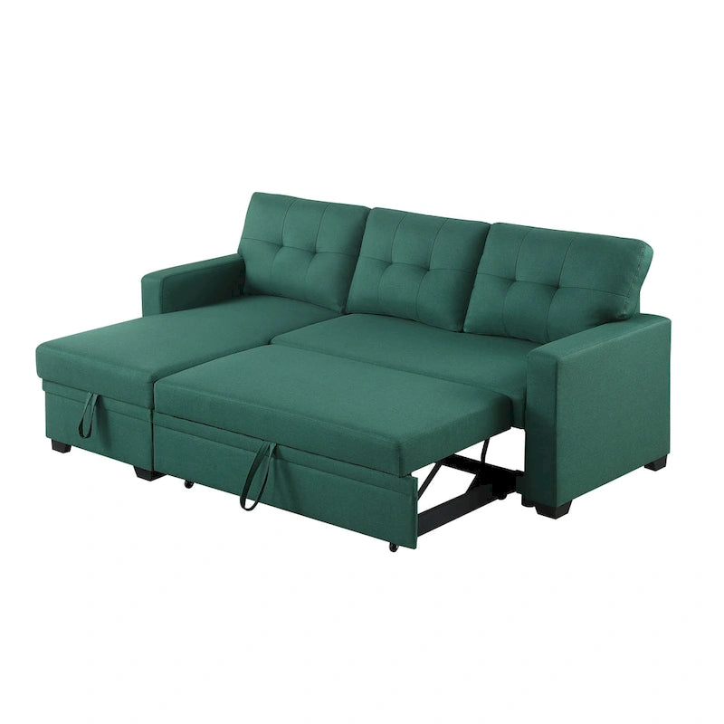 Canapé d'angle convertible gris clair / vert / beige / bleu avec méridienne et rangement, pour 2 personnes