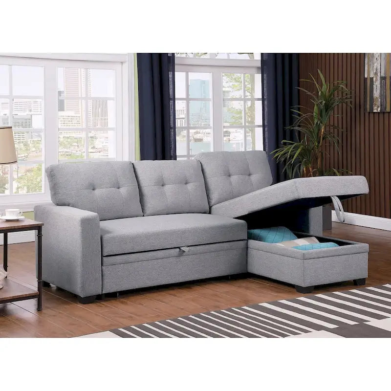 Canapé d'angle convertible gris clair / vert / beige / bleu avec méridienne et rangement, pour 2 personnes