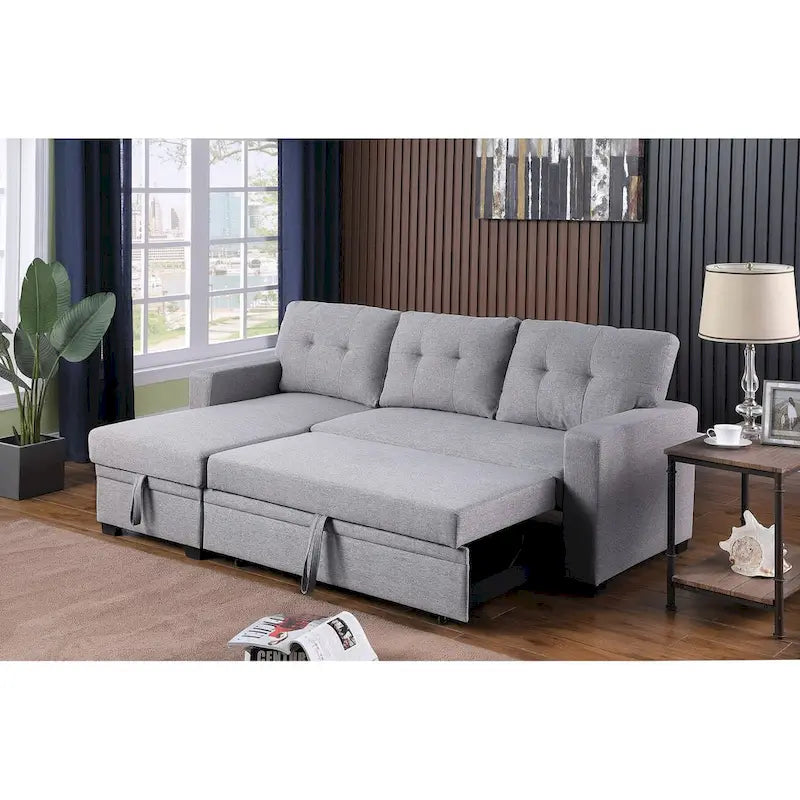 Canapé d'angle convertible gris clair / vert / beige / bleu avec méridienne et rangement, pour 2 personnes