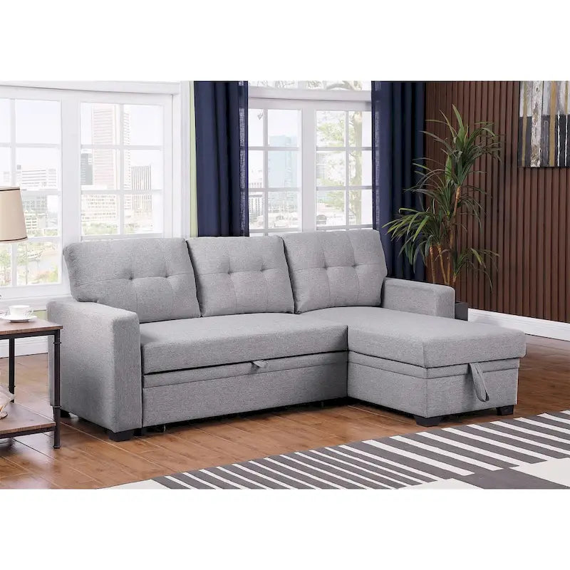 Canapé d'angle convertible gris clair / vert / beige / bleu avec méridienne et rangement, pour 2 personnes