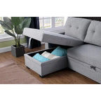 Canapé d'angle convertible gris clair / vert / beige / bleu avec méridienne et rangement, pour 2 personnes