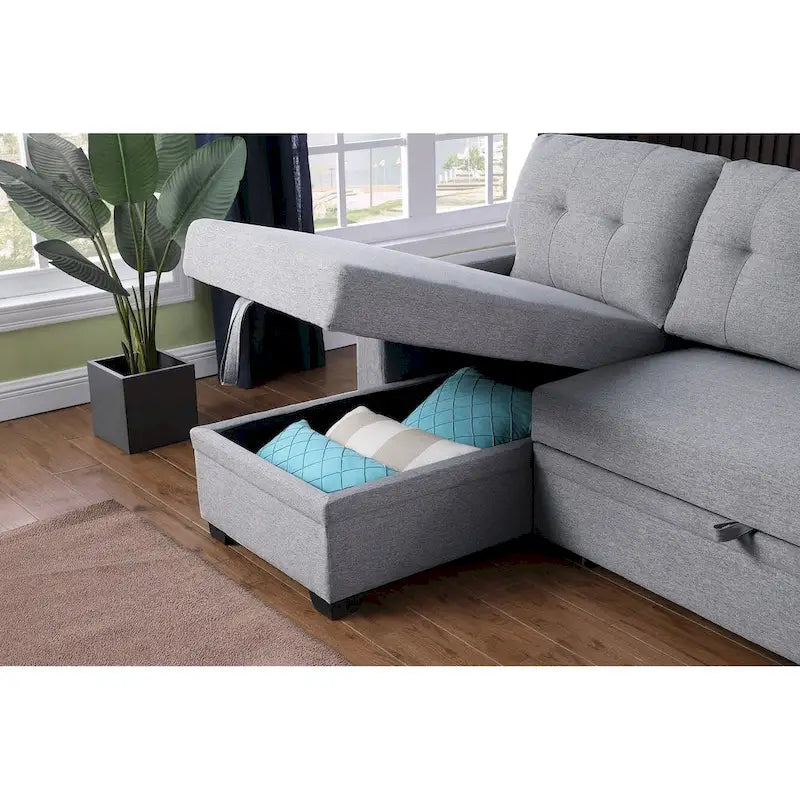 Canapé d'angle convertible gris clair / vert / beige / bleu avec méridienne et rangement, pour 2 personnes