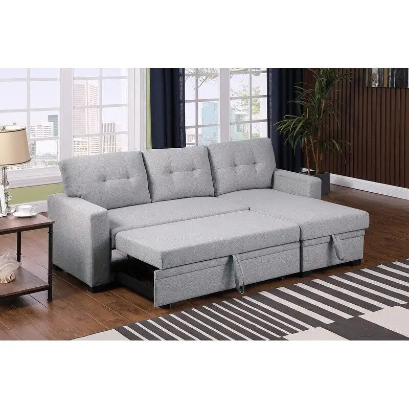 Canapé d'angle convertible gris clair / vert / beige / bleu avec méridienne et rangement, pour 2 personnes