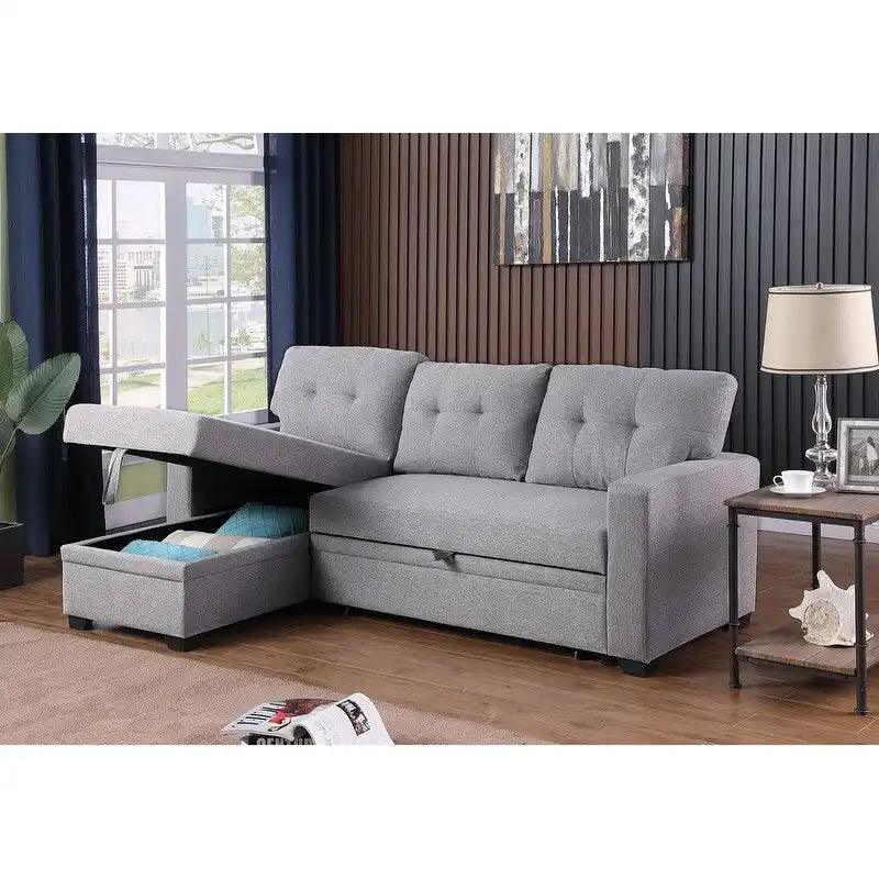 Canapé d'angle convertible gris clair / vert / beige / bleu avec méridienne et rangement, pour 2 personnes