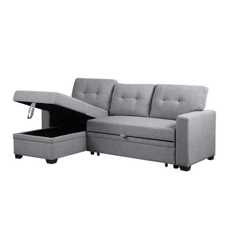 Canapé d'angle convertible gris clair / vert / beige / bleu avec méridienne et rangement, pour 2 personnes