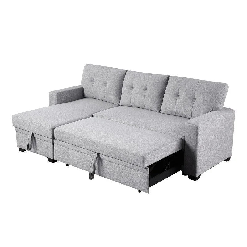 Canapé d'angle convertible gris clair / vert / beige / bleu avec méridienne et rangement, pour 2 personnes