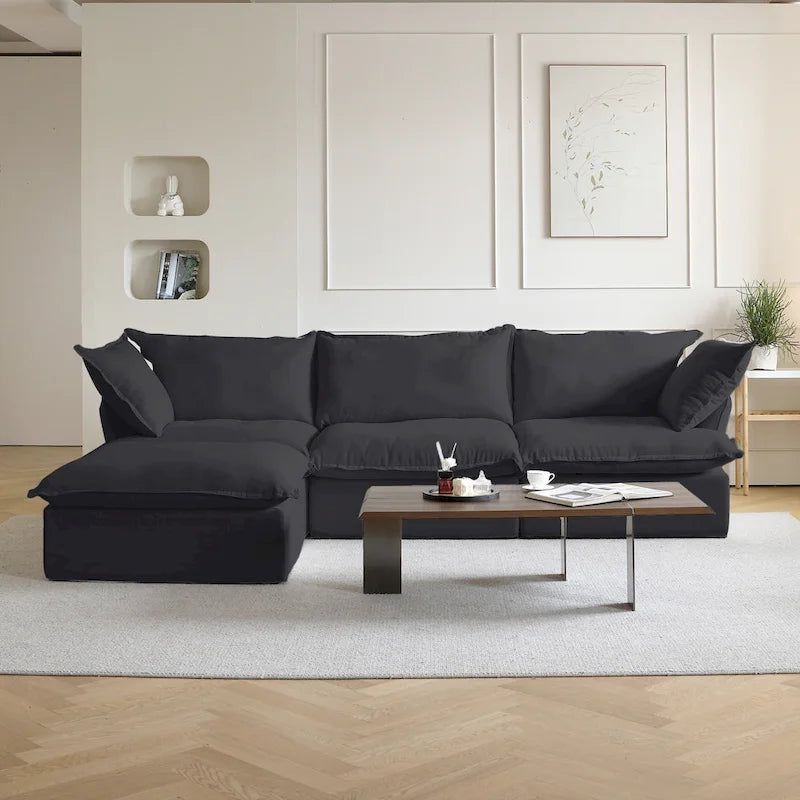 Canapé sectionnel 4 pièces en velours beige/blanc/noir