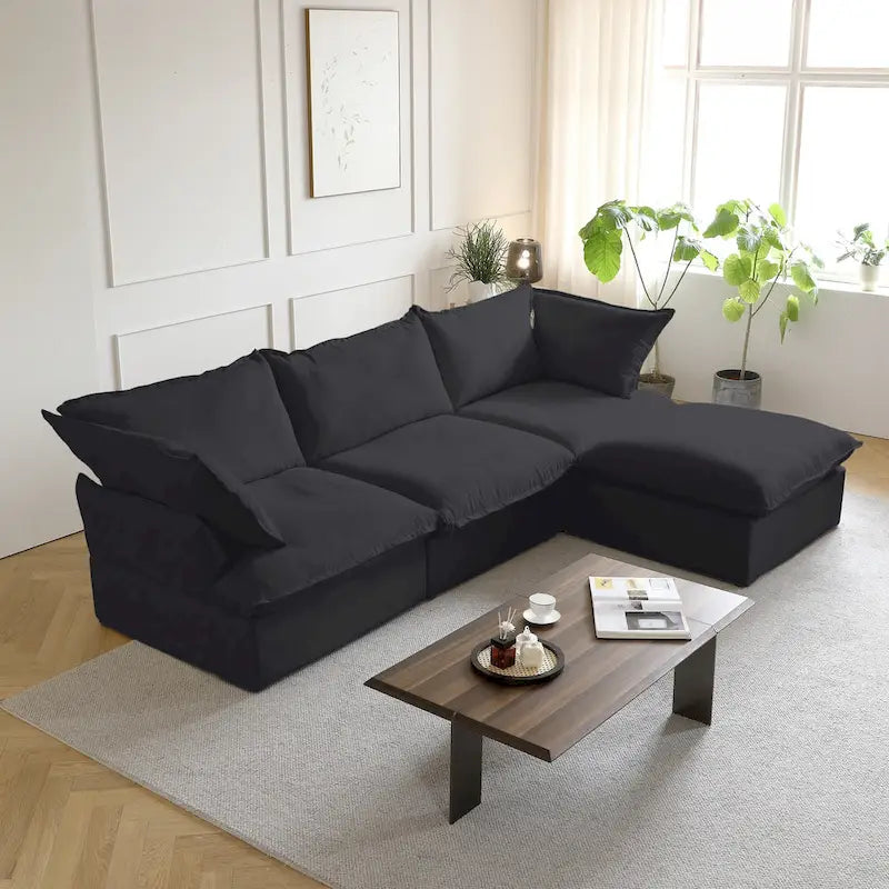 Canapé sectionnel 4 pièces en velours beige/blanc/noir