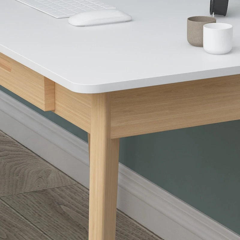 Bureau d'écriture blanc en bois avec 2 tiroirs, 1 personne