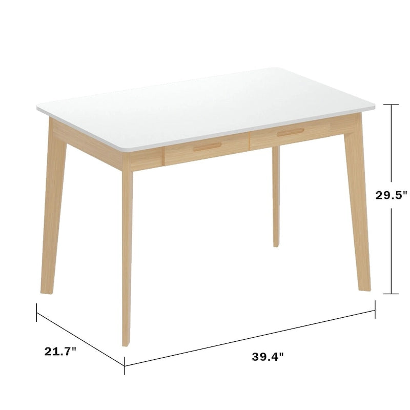 Bureau d'écriture blanc en bois avec 2 tiroirs, 1 personne