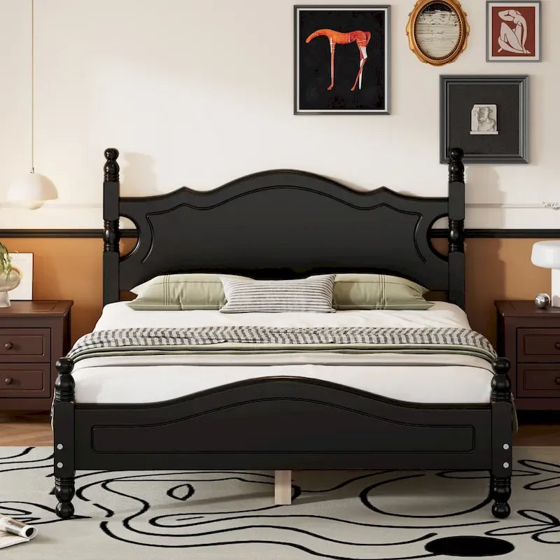 Cadre de lit plateforme rétro en bois noir/blanc – Grand lit 1 personne